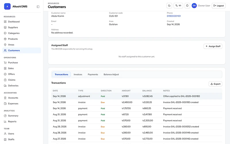 Customer account statement with invoices, payments and a running balance
