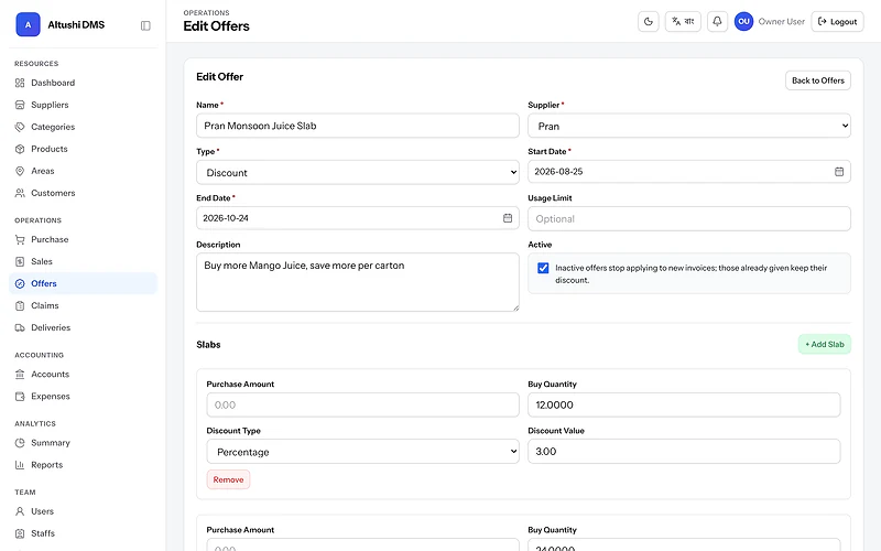 Offer editor with supplier, dates and quantity-based discount slabs