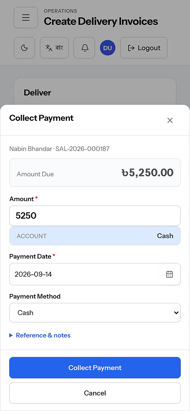 Collect payment sheet with amount, account, date and payment method