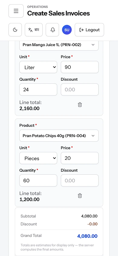 Sales rep adding product lines with quantities and a live total on a phone