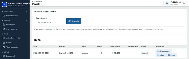 Payroll runs list with a locked monthly run ready to post to accounts
