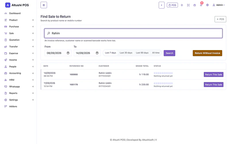 Find a sale to return by customer name, invoice or mobile number